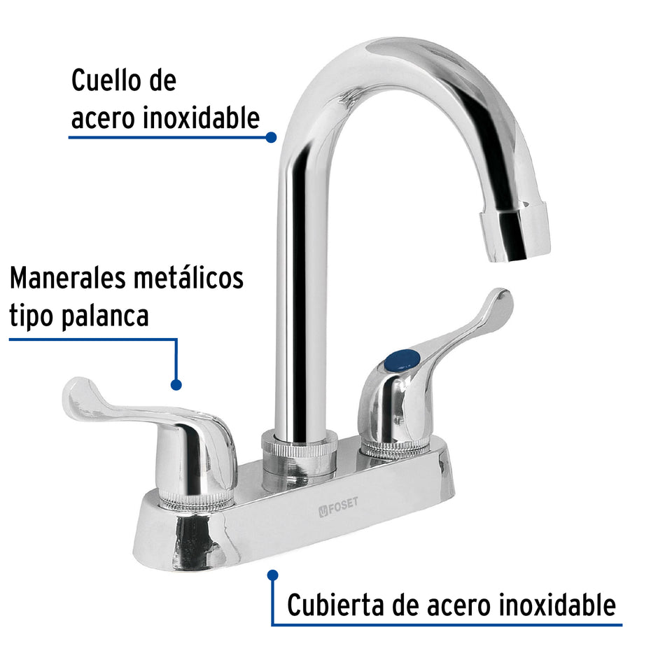 Mezcladora 4" para lavabo, cuello bar, manerales palanca