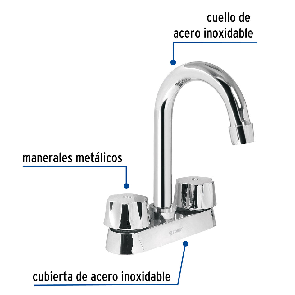 Mezcladora 4" para lavabo, cuello bar, cartucho cerámico