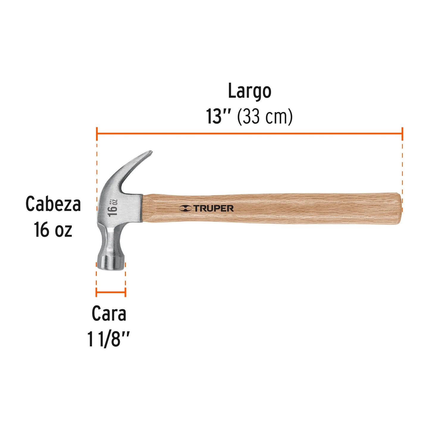 Martillo TRUPER 16 oz Uña Curva Mango Madera - Solución Profesional para Clavar y Extraer Clavos - Cabeza Acero Pulido MA-16