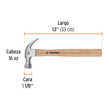 Martillo TRUPER 16 oz Uña Curva Mango Madera - Solución Profesional para Clavar y Extraer Clavos - Cabeza Acero Pulido MA-16