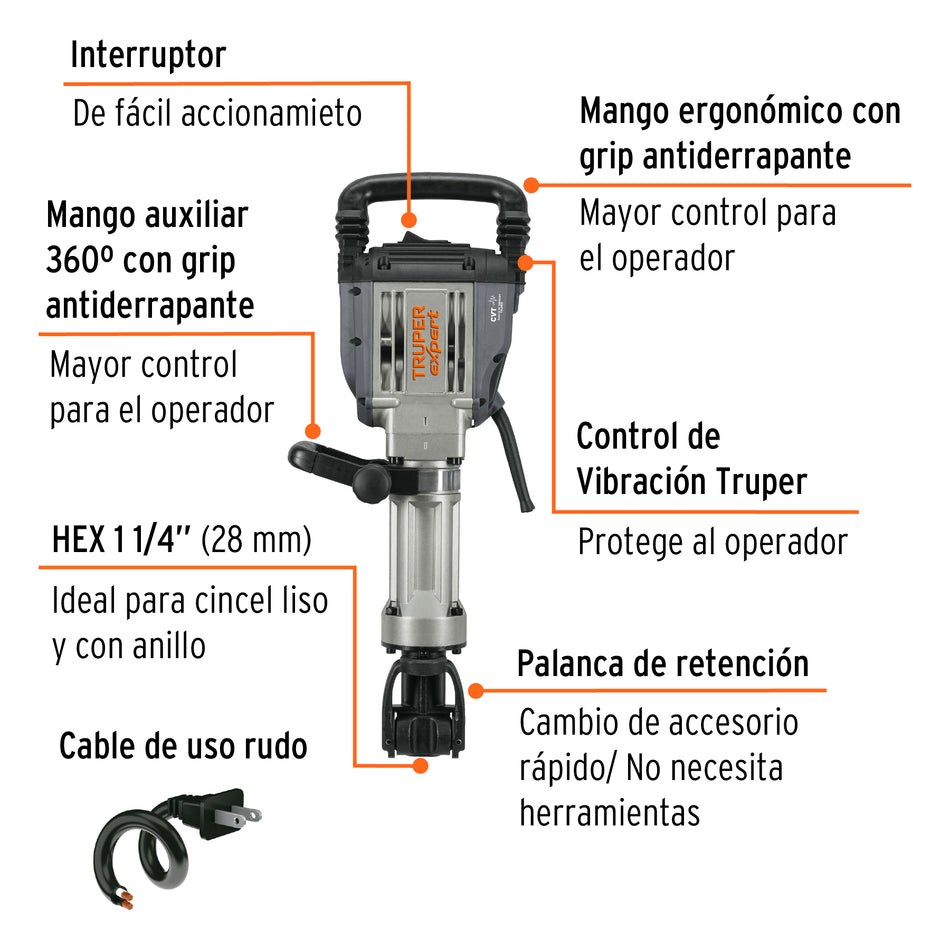 Martillo demoledor HEX 20 kg 55 J 1600 W, Truper Expert