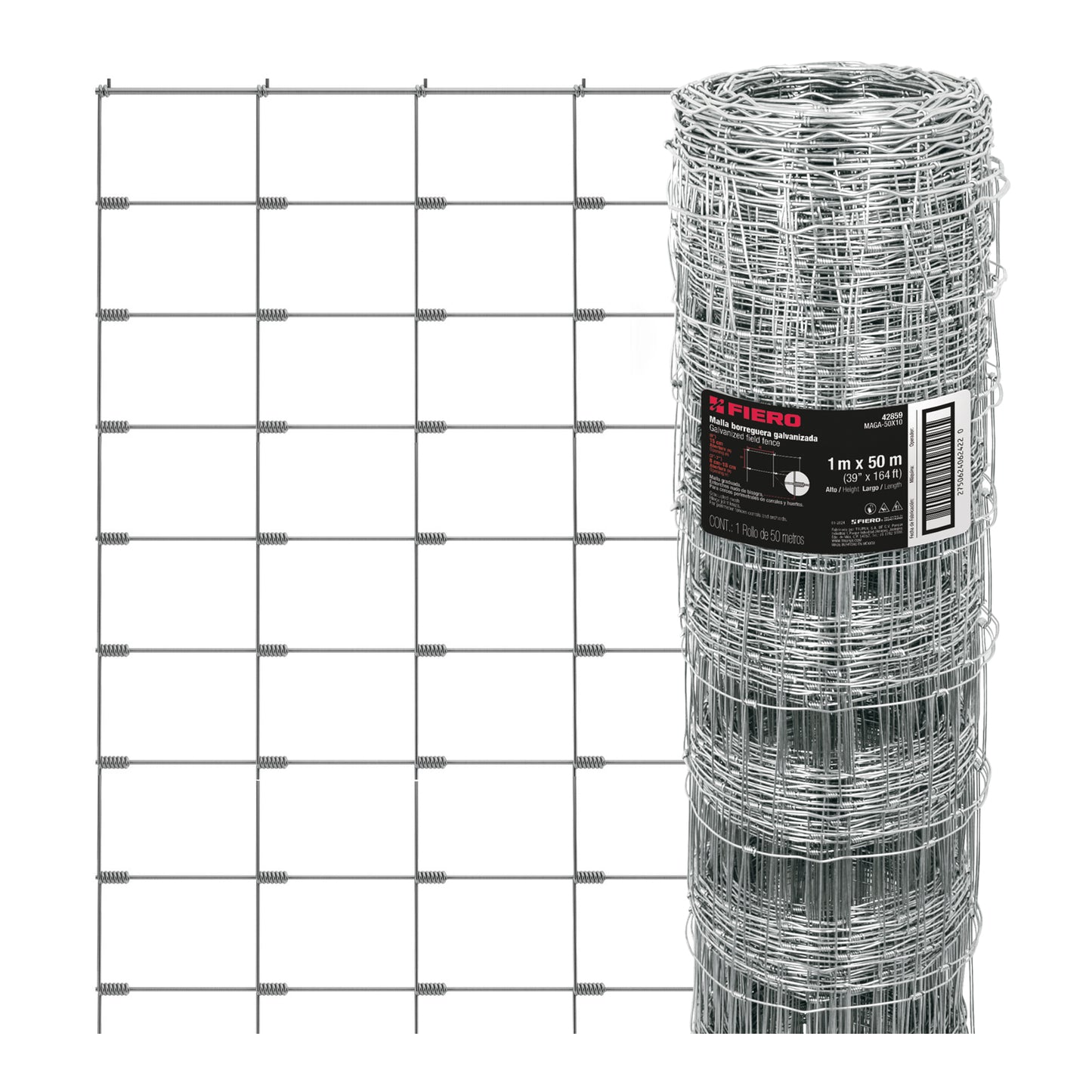 Rollo malla borreguera, 1m x 50m acero galvanizado, 23kg