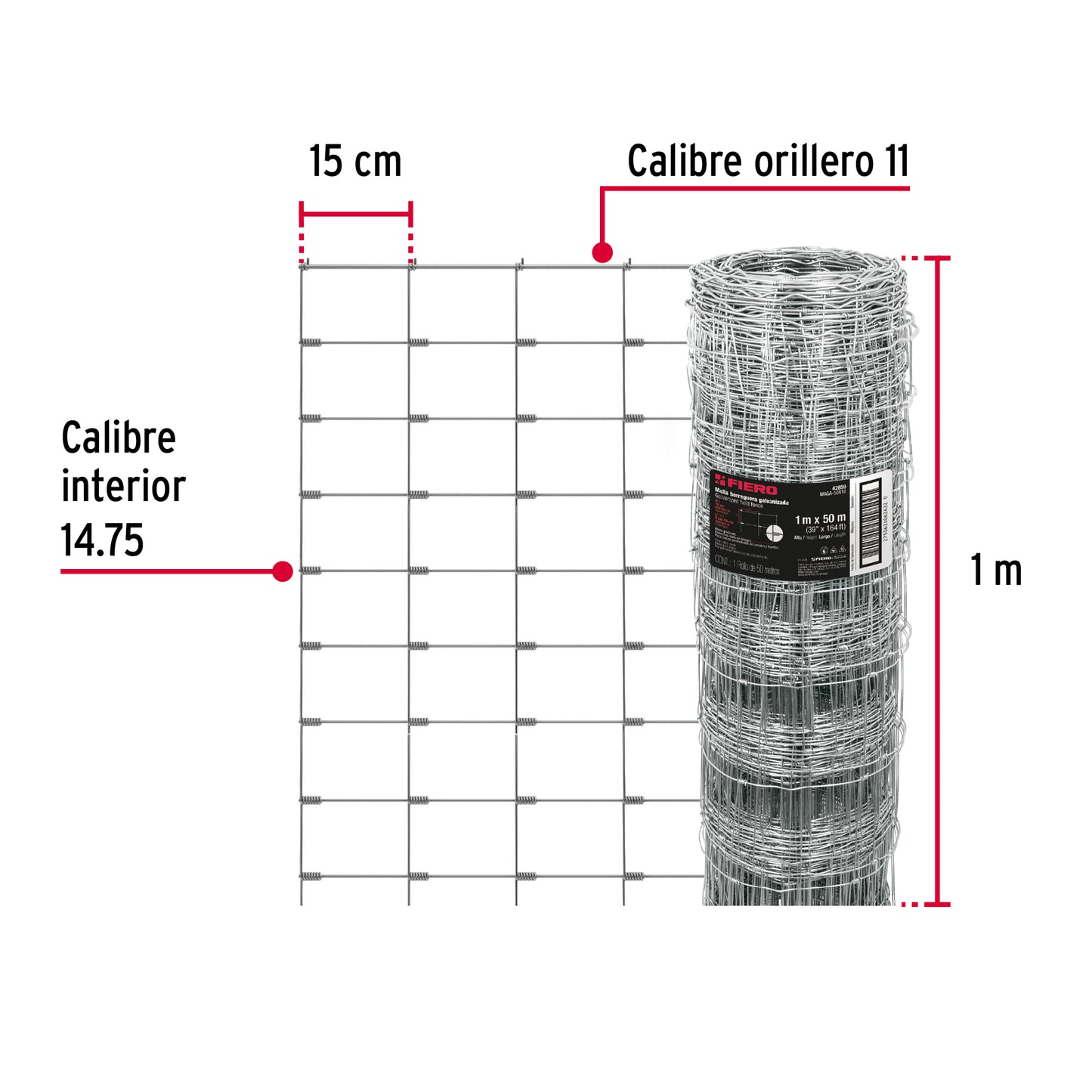 Rollo malla borreguera, 1m x 50m acero galvanizado, 23kg