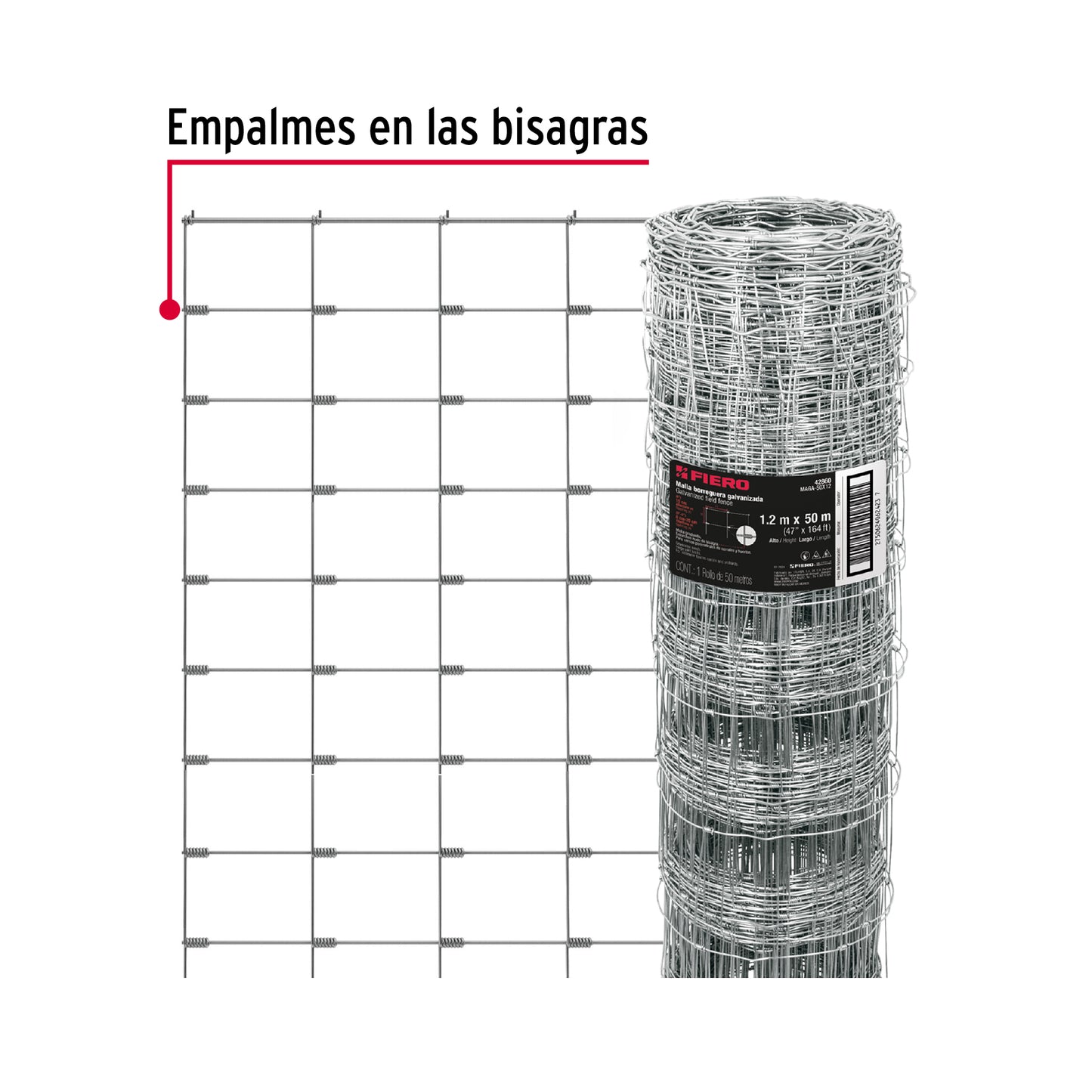 Rollo malla borreguera, 1.2m x 50m acero galvanizado, 26kg