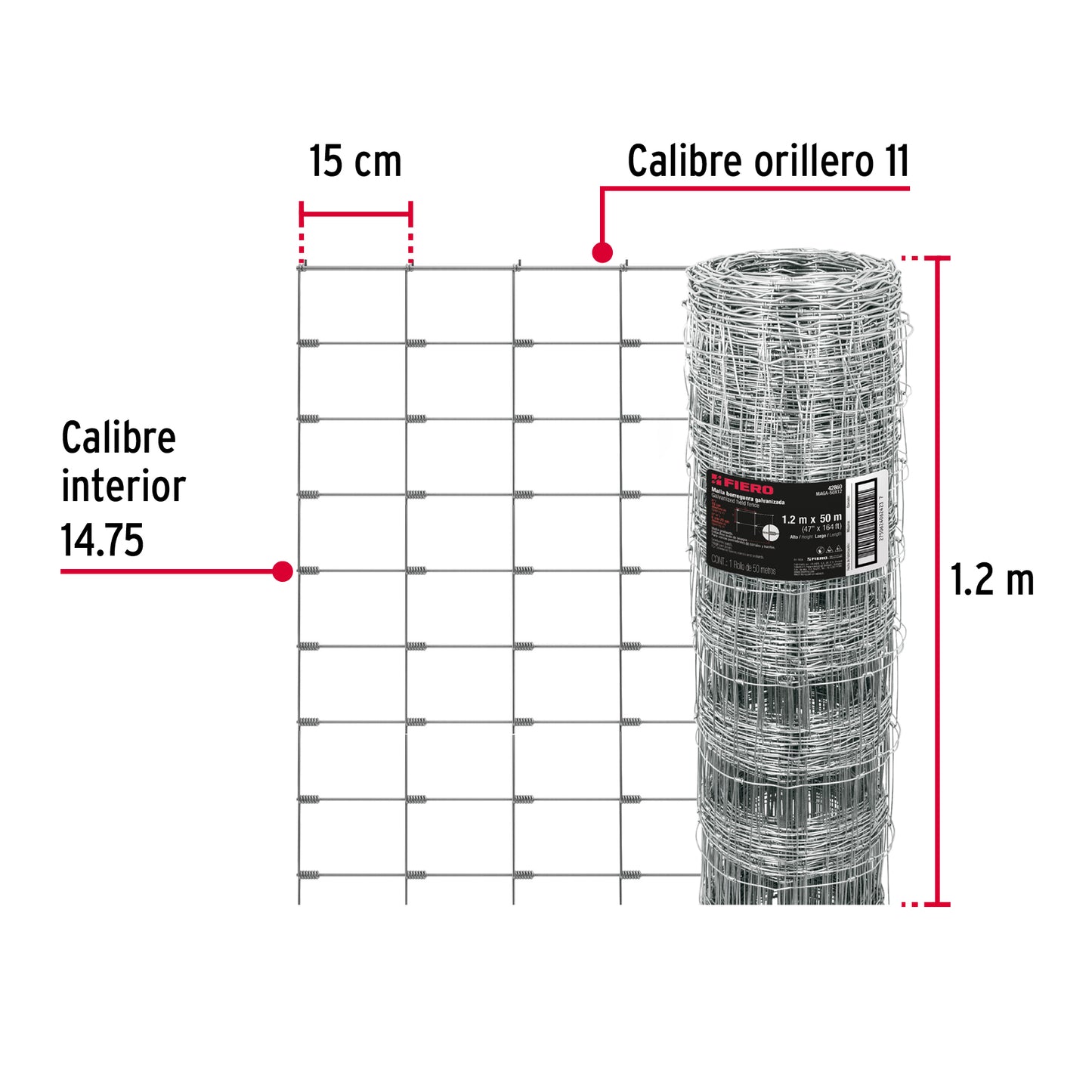 Rollo malla borreguera, 1.2m x 50m acero galvanizado, 26kg