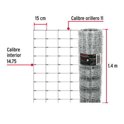 Cercado Seguro para Ganado - Malla Borreguera 1.4x50m Galvanizada 28kg FIERO