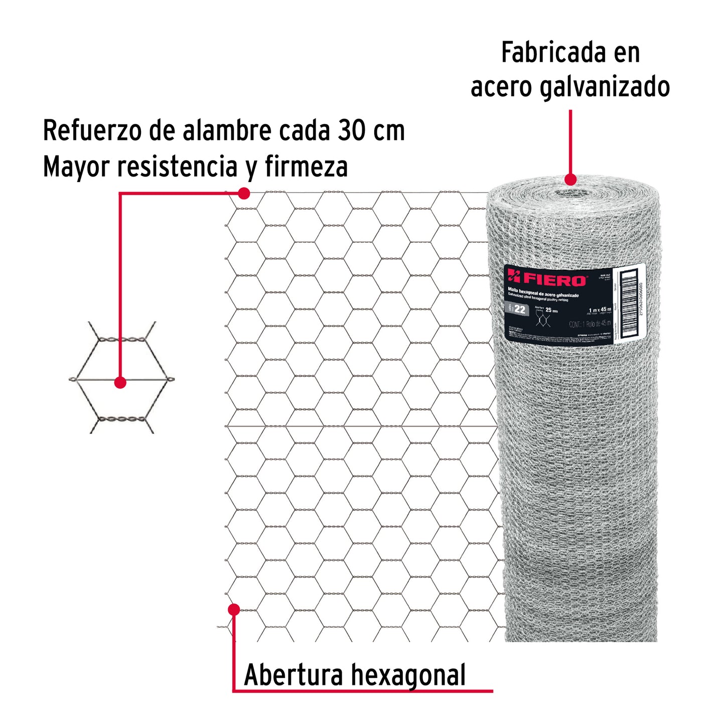 Tela de Pollo Galvanizada Cal.22 - Rollo 1x45m para Cercado, Delimitación y Protección de Áreas