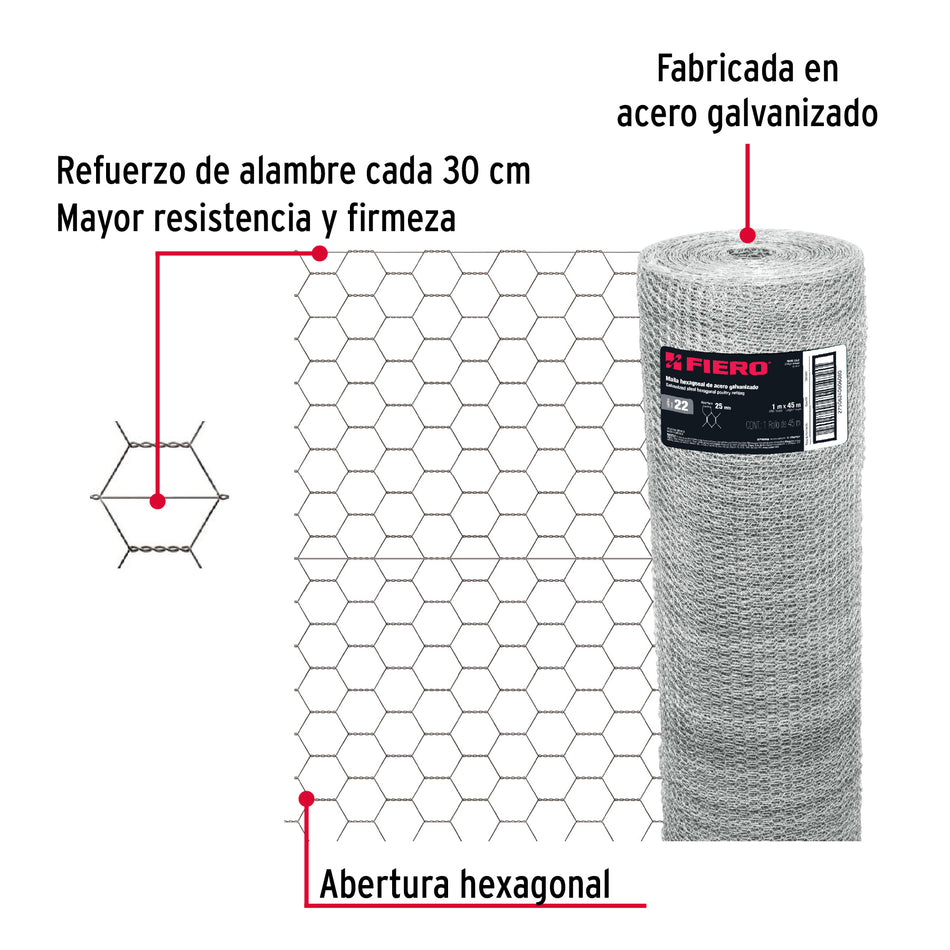 Rollo 45 m x 1 m malla hexagonal calibre 22 abertura 25 mm, Albañileria, Jardineria, Corrales