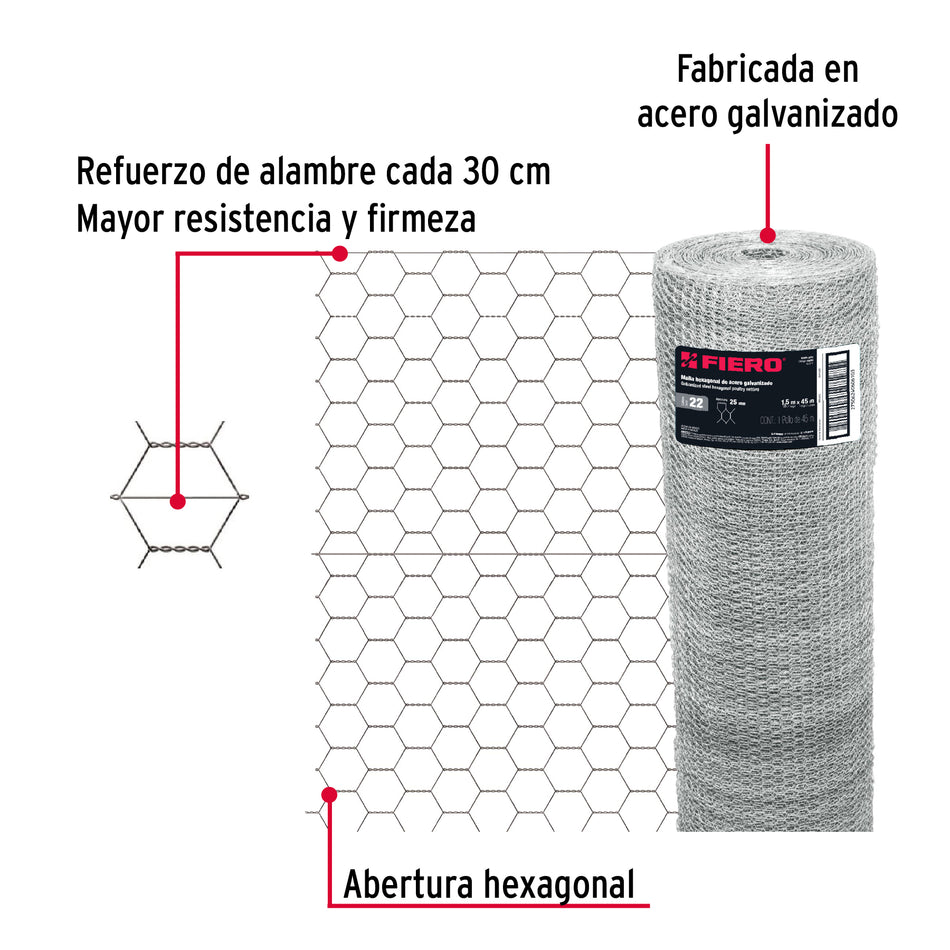 Rollo 45 m x 1.5 m malla hexagonal calibre 22 abertura 25 mm, Albañileria, Jardineria, Corrales, Jaulas