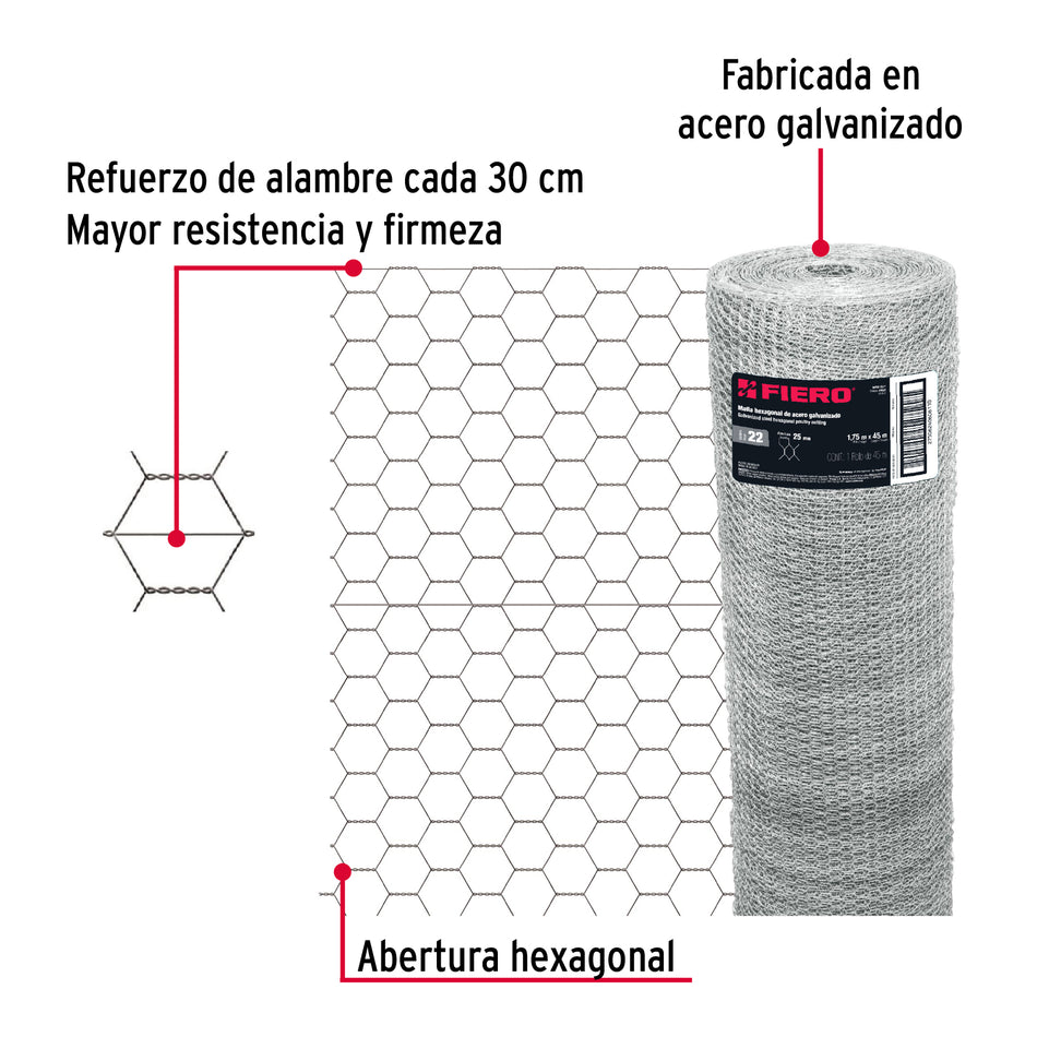 Rollo 45m x 1.75 m malla hexagonal calibre 22 abertura 25 mm, Albañileria, Jardineria, Corrales, Jaulas