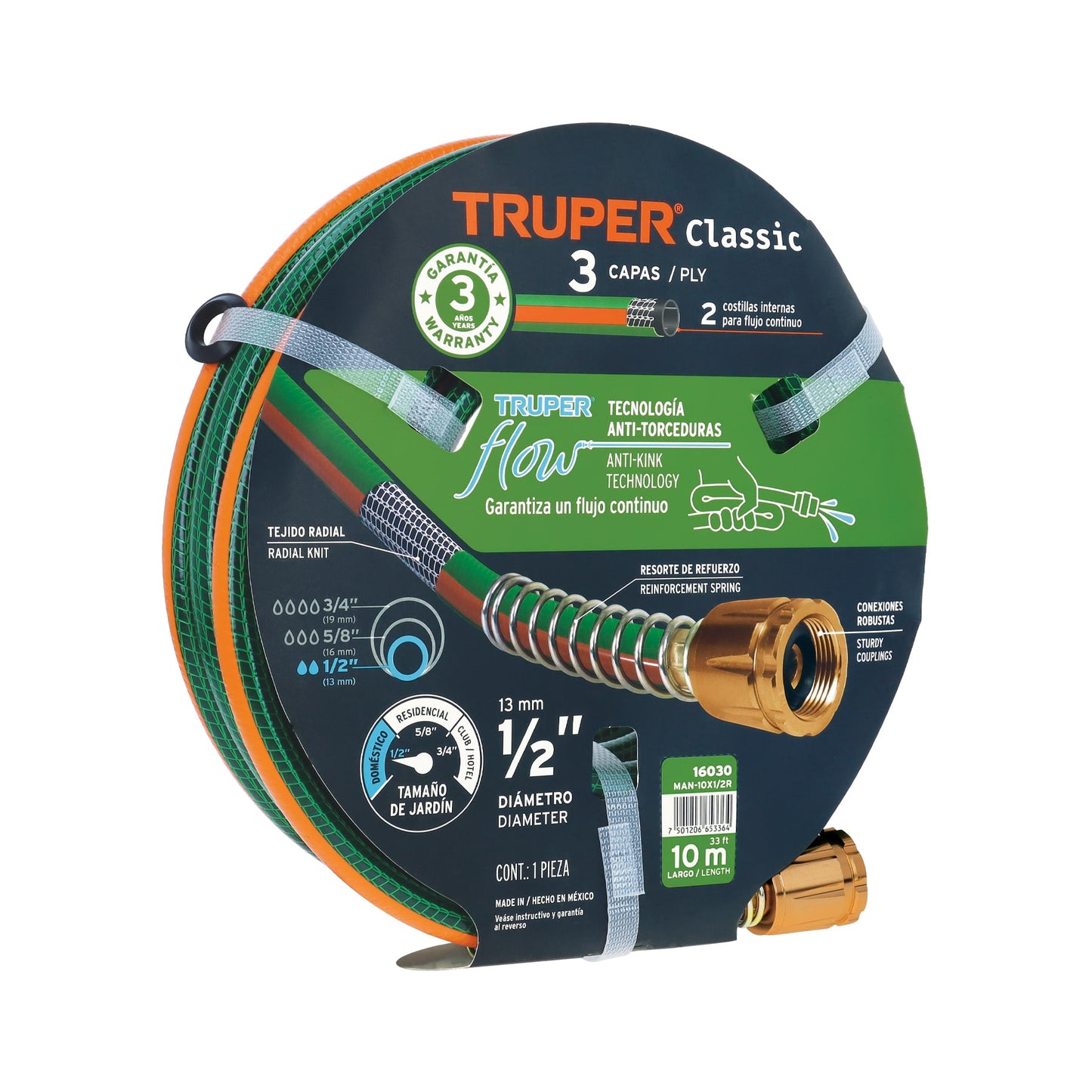 Manguera Reforzada 1/2" x 10m Truper - 3 Capas Anti-Dobleces con Conexiones Metálicas - Solución Profesional para Riego Doméstico