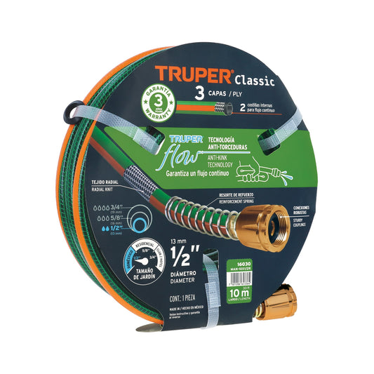 Manguera Reforzada 1/2" x 10m Truper - 3 Capas Anti-Dobleces con Conexiones Metálicas - Solución Profesional para Riego Doméstico