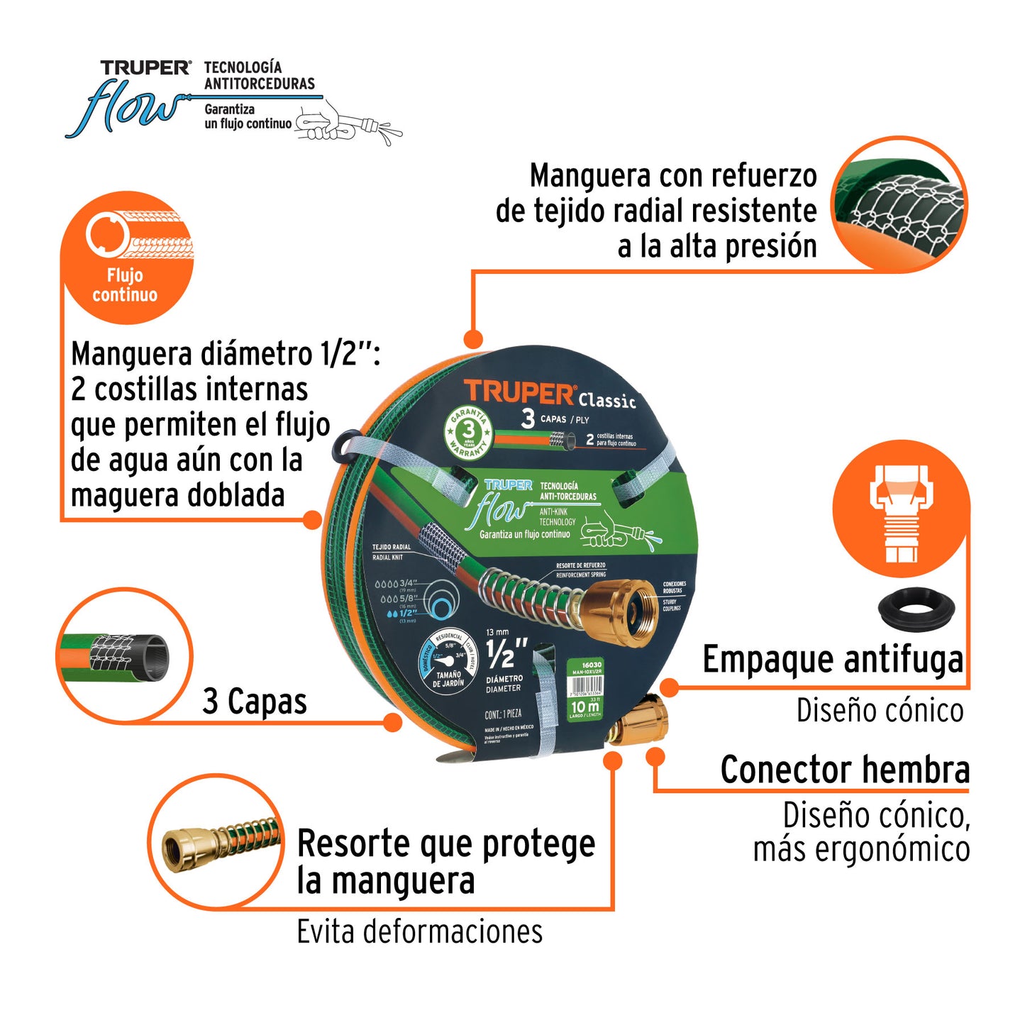 Manguera Reforzada 1/2" x 10m Truper - 3 Capas Anti-Dobleces con Conexiones Metálicas - Solución Profesional para Riego Doméstico
