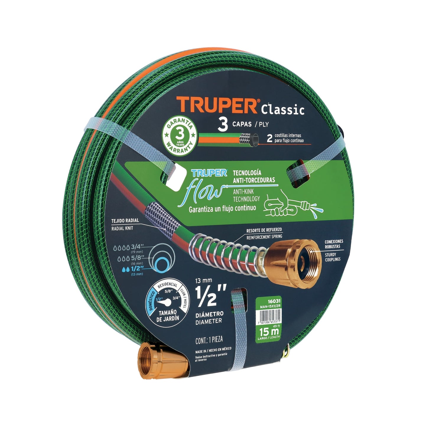 Manguera Reforzada 15m 1/2 Pulgada 3 Capas Conexiones Metálicas - Solución Anti-Dobleces para Riego Doméstico MAN-15X1/2R