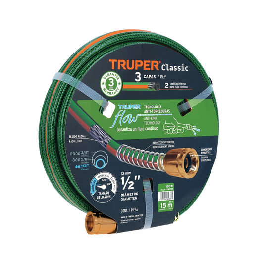 Manguera Reforzada 15m 1/2 Pulgada 3 Capas Conexiones Metálicas - Solución Anti-Dobleces para Riego Doméstico MAN-15X1/2R