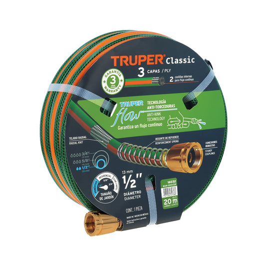 Manguera Reforzada 1/2" x 20m Truper MAN-20X1/2R - 3 Capas Anti-Dobleces con Conexiones Metálicas - Solución Profesional para Riego Doméstico