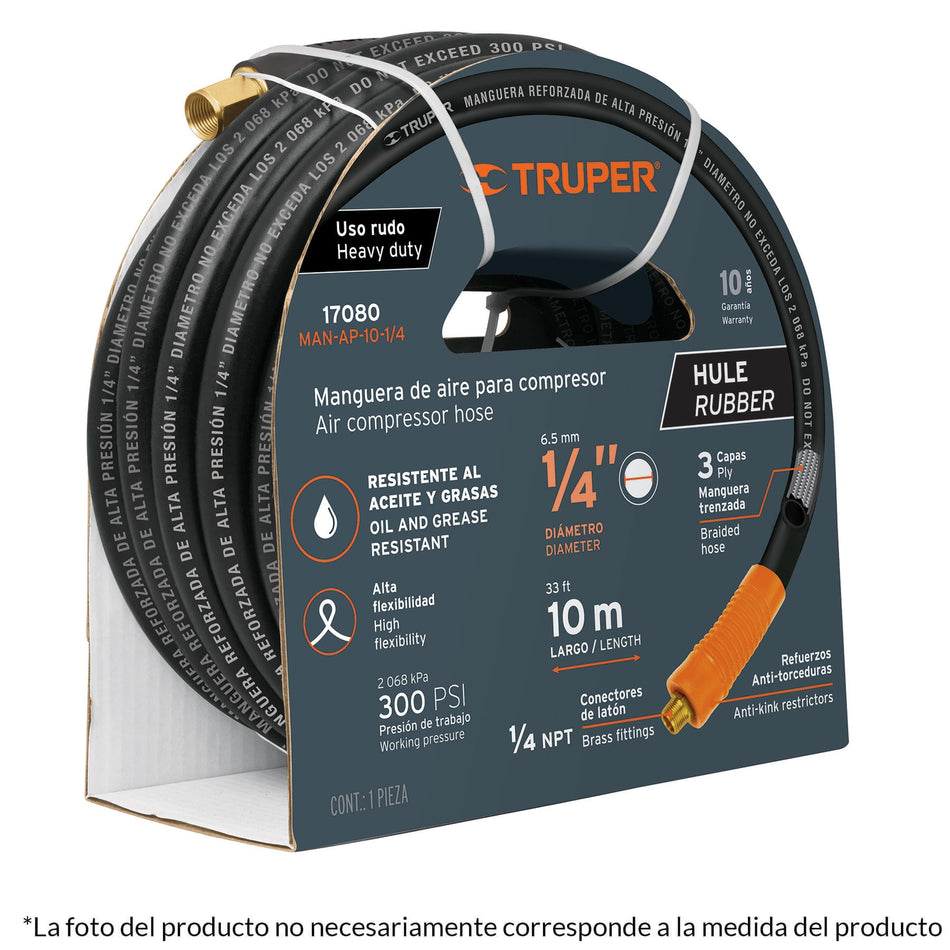 Manguera de hule para compresor, 15 m x 1/4", Truper, Mecanica, Carpinteria.