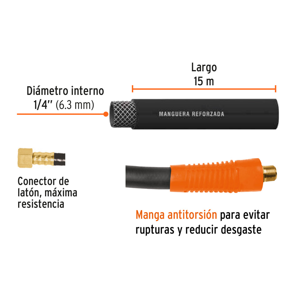 Manguera de hule para compresor, 15 m x 1/4", Truper, Mecanica, Carpinteria.