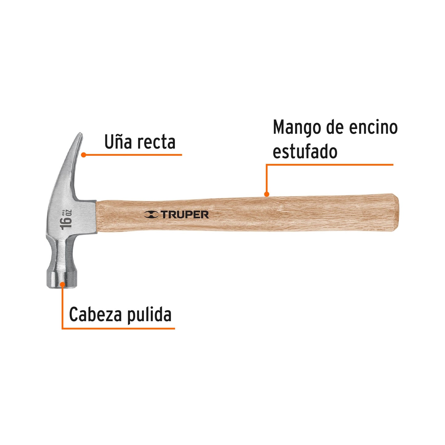 Martillo Pulido TRUPER 16 oz Uña Recta Mango Madera - Herramienta Profesional para Construcción y Carpintería