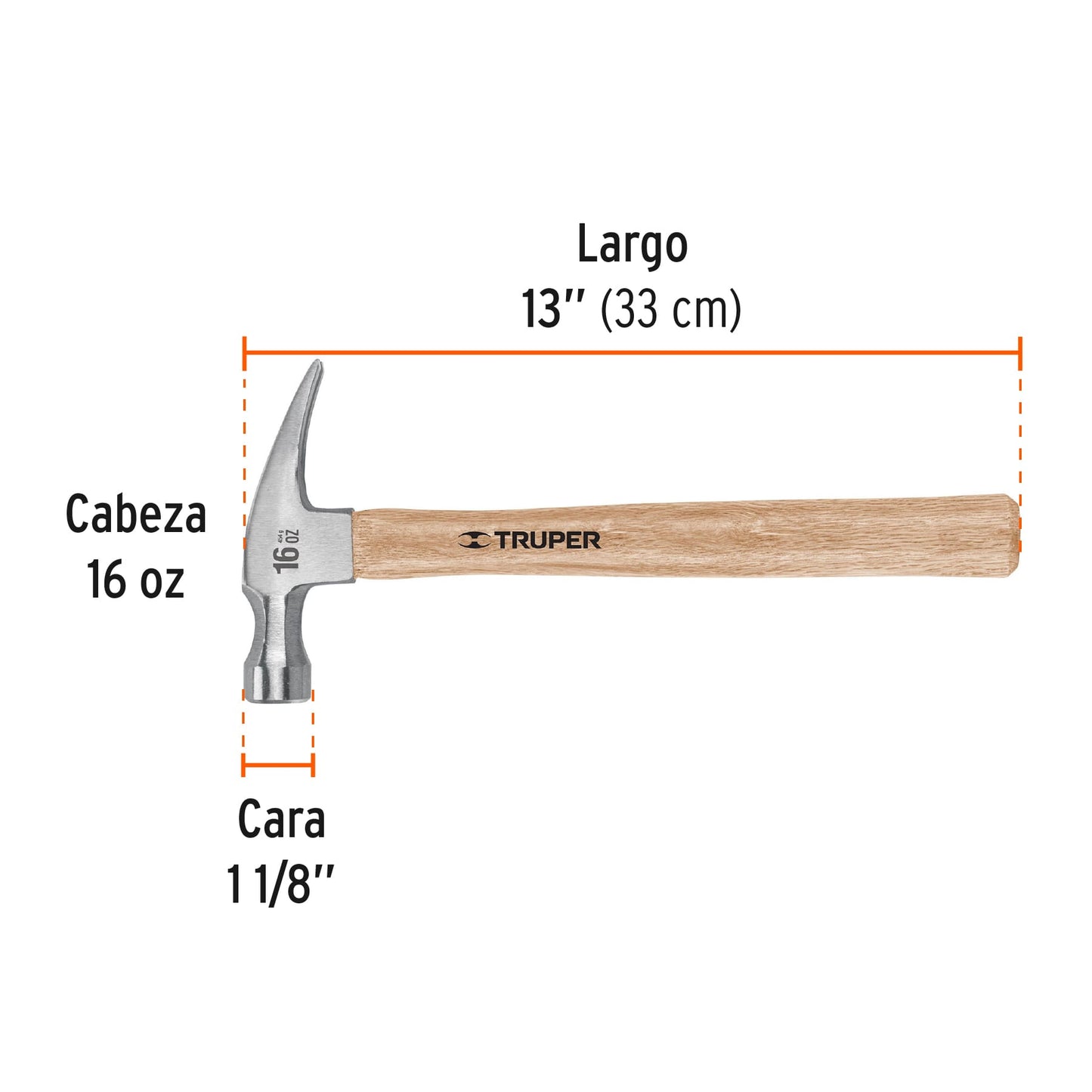 Martillo Pulido TRUPER 16 oz Uña Recta Mango Madera - Herramienta Profesional para Construcción y Carpintería