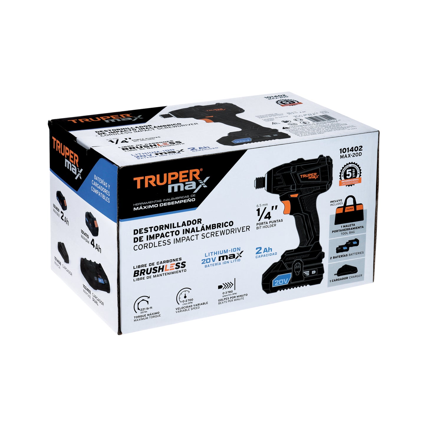 Destornillador de Impacto Inalámbrico 20V MAX-20D Brushless - Solución Profesional para Trabajos Pesados en Metal con 2 Baterías 2Ah y 3 Velocidades