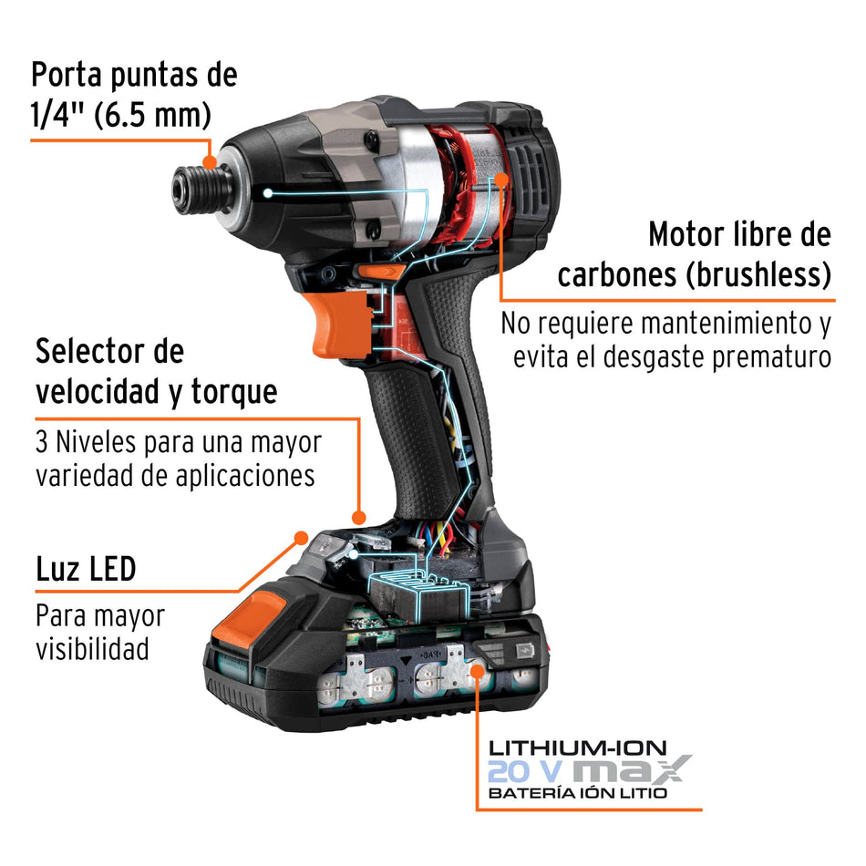 Destornillador de impacto inalámbrico 1/4", 20V, sin carbones