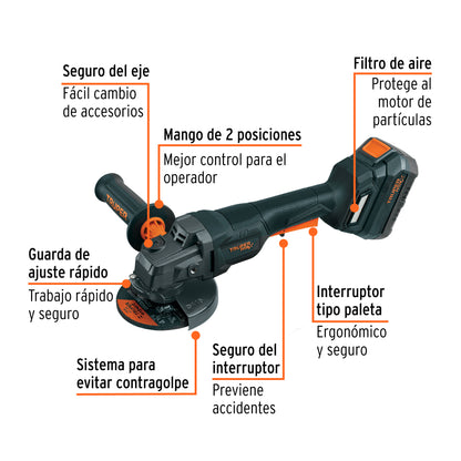 Esmeriladora Inalámbrica 4.5 Pulgadas 20V Brushless MAX-20EP - Motor Sin Carbones para Corte y Esmerilado Profesional de Acero, Ladrillo y Piedra - Incluye Batería 4Ah y Sistema Anti-Contragolpe