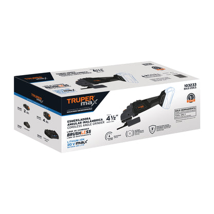 Esmeriladora Angular 4.5 Pulgadas 20V Brushless TRUPER MAX-20ES - Motor Sin Carbones para Cortar y Esmerilar Acero, Ladrillo, Azulejo y Piedra - Herramienta Profesional Inalámbrica
