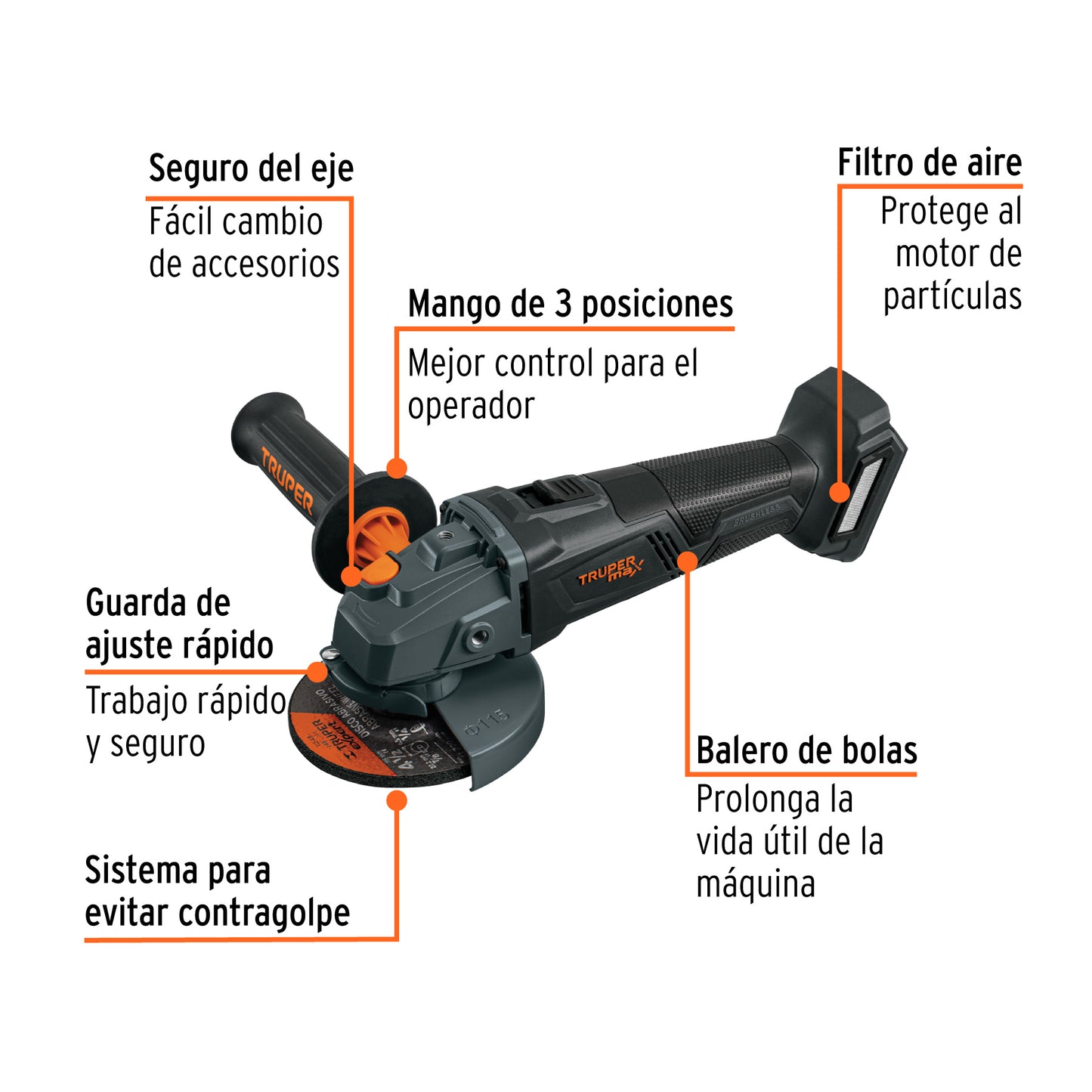 Esmeriladora Angular 4.5 Pulgadas 20V Brushless TRUPER MAX-20ES - Motor Sin Carbones para Cortar y Esmerilar Acero, Ladrillo, Azulejo y Piedra - Herramienta Profesional Inalámbrica