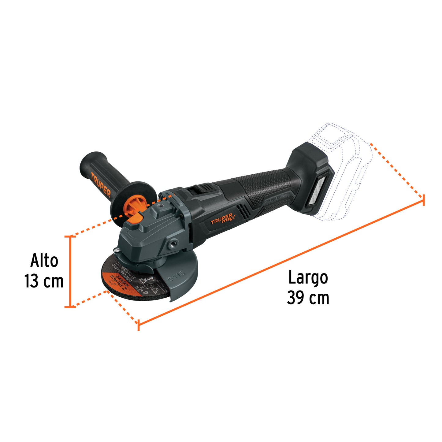 Esmeriladora Angular 4.5 Pulgadas 20V Brushless TRUPER MAX-20ES - Motor Sin Carbones para Cortar y Esmerilar Acero, Ladrillo, Azulejo y Piedra - Herramienta Profesional Inalámbrica