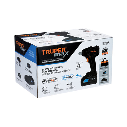 Llave de Impacto Inalámbrica 1/2" 20V MAX-20L Truper - 155 lb/ft Motor Brushless con Batería 4Ah - Solución Profesional para Tornillos de Alta Resistencia