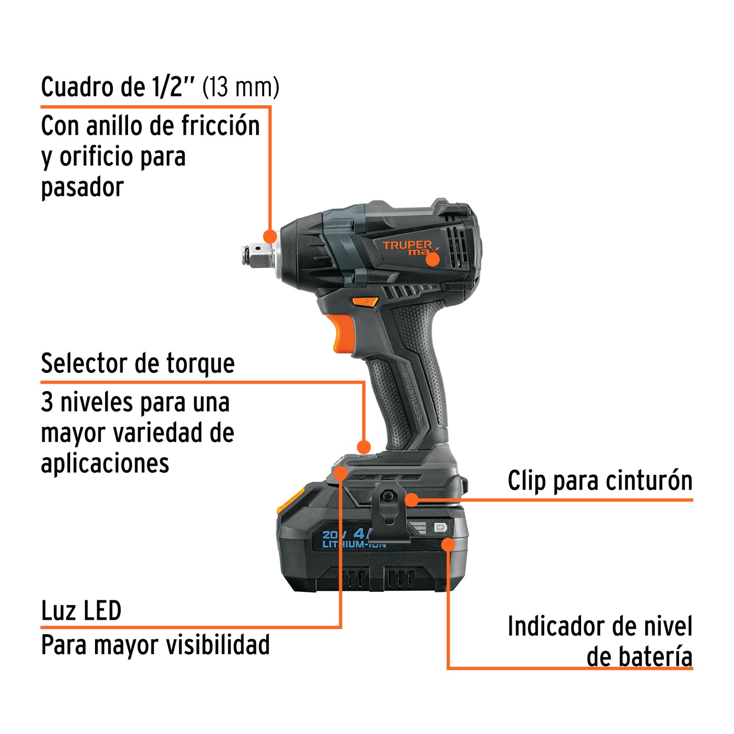 Llave de Impacto Inalámbrica 1/2" 20V MAX-20L Truper - 155 lb/ft Motor Brushless con Batería 4Ah - Solución Profesional para Tornillos de Alta Resistencia