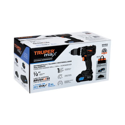 Rotomartillo Inalámbrico 20V MAX-20R Brushless - Solución Profesional para Perforación en Concreto y Mampostería - 2 Baterías 2Ah + LED - Truper