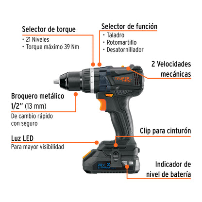 Rotomartillo Inalámbrico 20V MAX-20R Brushless - Solución Profesional para Perforación en Concreto y Mampostería - 2 Baterías 2Ah + LED - Truper