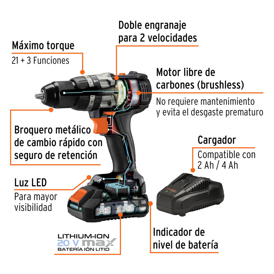 Rotomartillo inalámbrico 1/2", 20V, sin carbones, Truper MAX