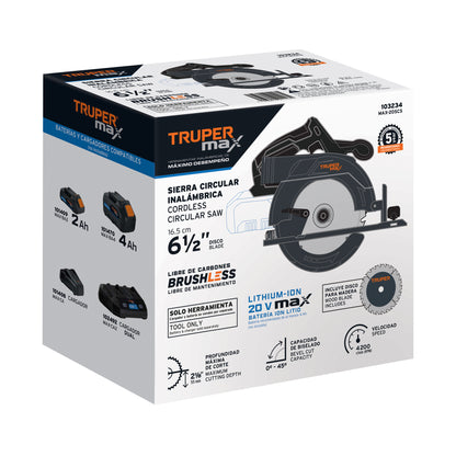 Sierra Circular 6-1/2" 20V Brushless TRUPER MAX-20SCS - Cortes Precisos Sin Mantenimiento para Carpintería Profesional