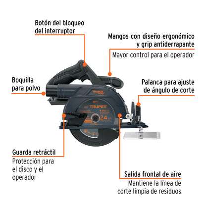 Sierra Circular 6-1/2" 20V Brushless TRUPER MAX-20SCS - Cortes Precisos Sin Mantenimiento para Carpintería Profesional
