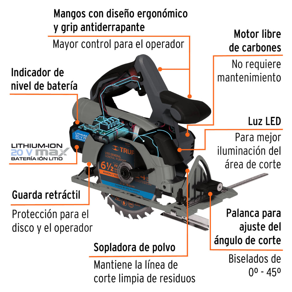 Sierra circular inalámbrica 6-1/2", 20V, sin carbones, Carpinteria, Construccion.