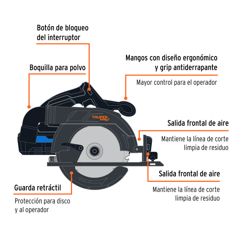 Sierra circular inalámbrica 6-1/2", 20V, Carpintería, Construcción, Truper® - Uso rudo para corte de madera