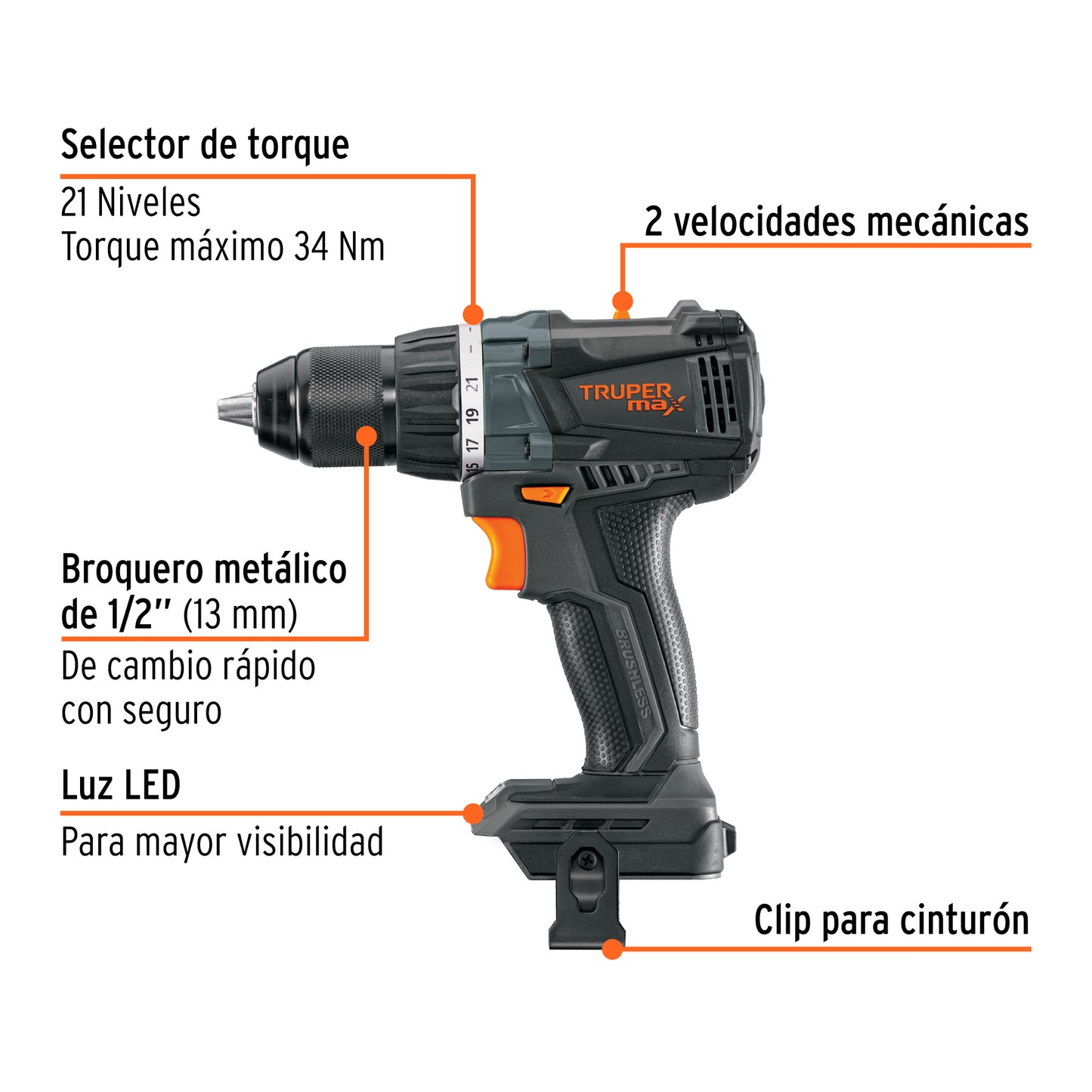 Taladro Inalámbrico 20V Brushless MAX-20TS - Motor Sin Carbones, 2 Velocidades, 21 Niveles Torque - Solución Profesional para Perforación Precisa
