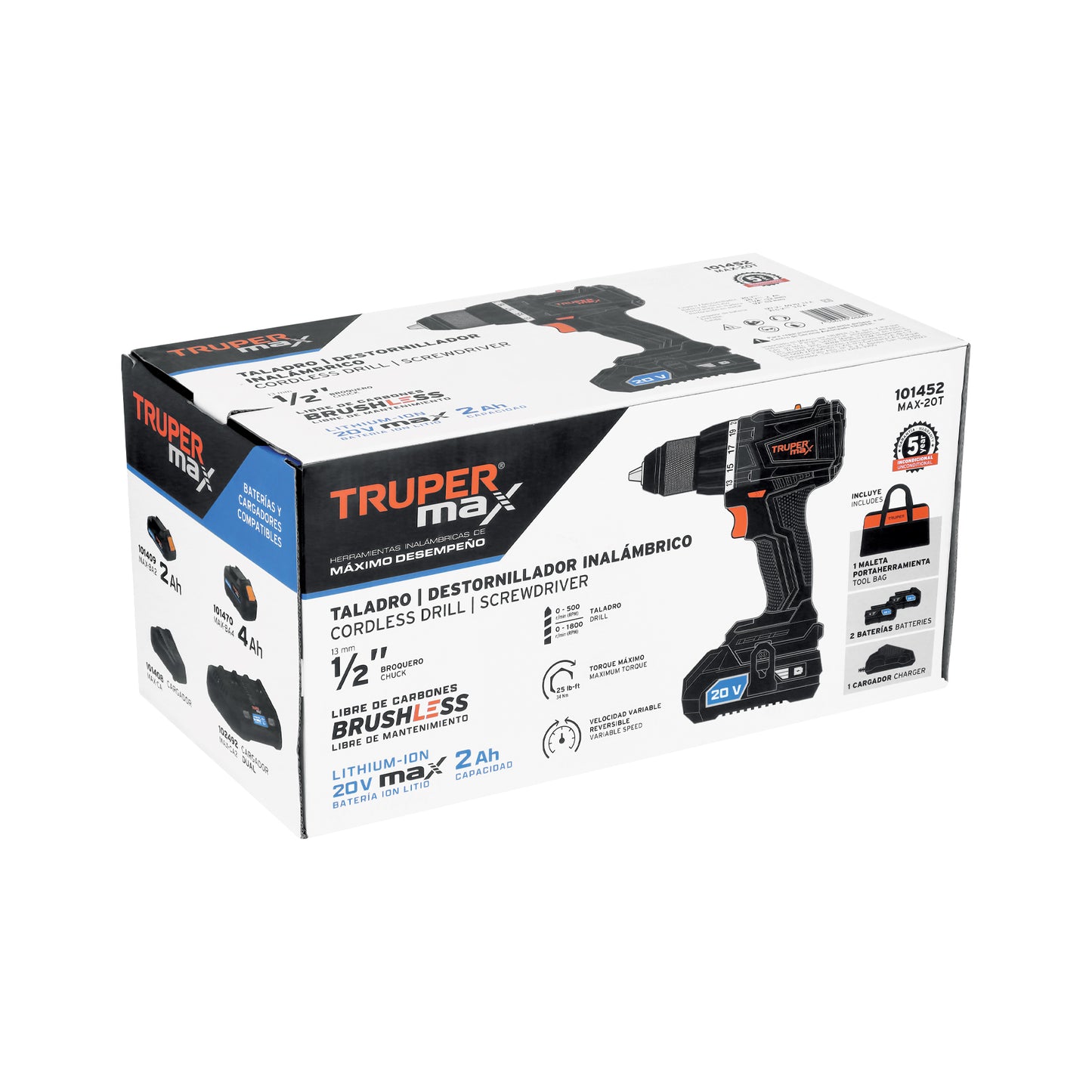 Taladro Inalámbrico Profesional 20V MAX-20T Brushless - 2 Baterías 2Ah - Solución Completa para Perforación Eficiente - TRUPER®