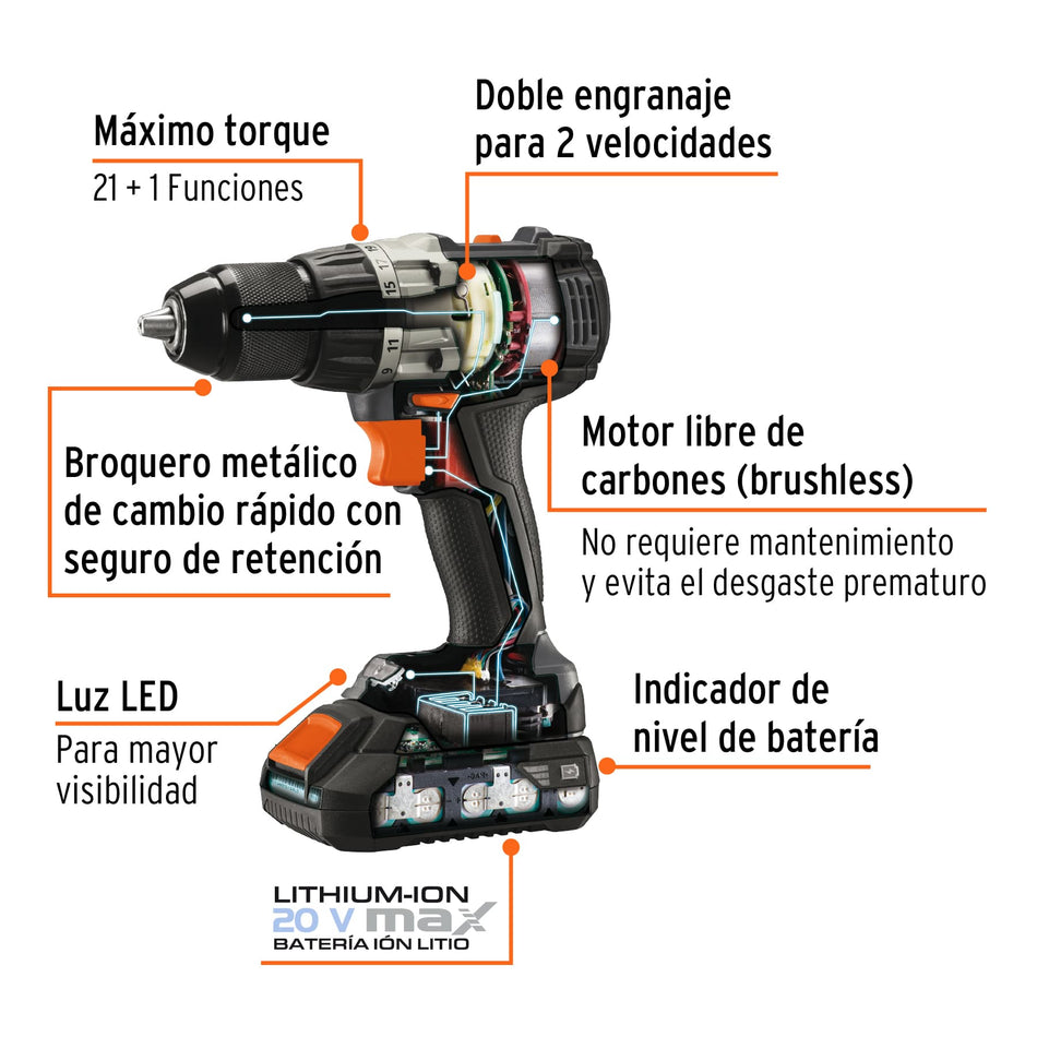 Taladro inalámbrico 1/2", 20V, sin carbones, Truper MAX