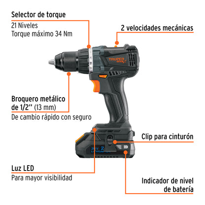 Taladro Inalámbrico Profesional 20V MAX-20T Brushless - 2 Baterías 2Ah - Solución Completa para Perforación Eficiente - TRUPER®