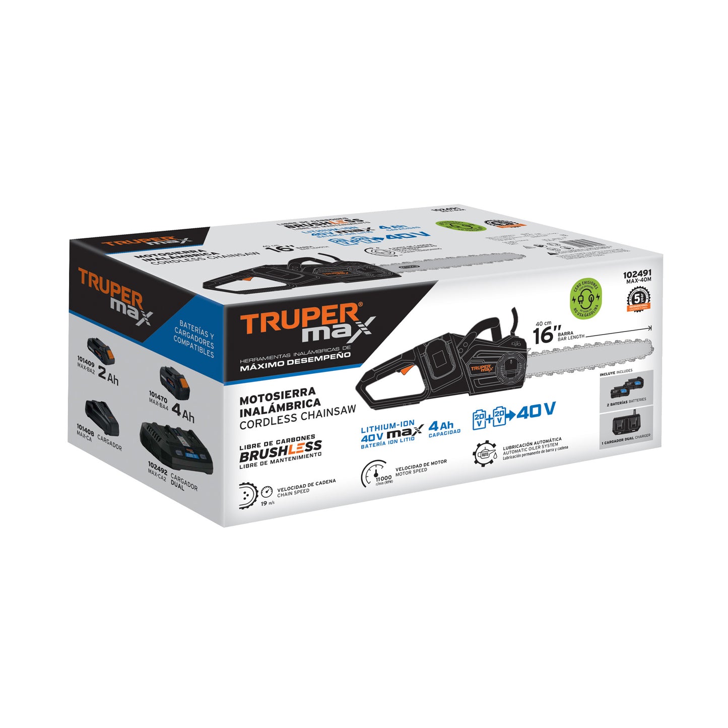 Motosierra Inalámbrica 40V TRUPER MAX-40M Sin Carbones - Corte Profesional Árboles y Ramas Sin Mantenimiento