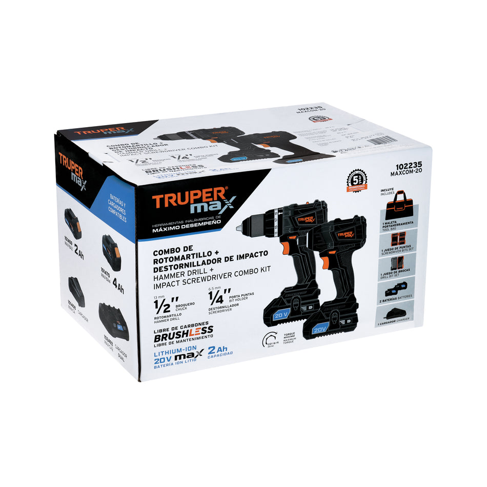 Combo Rotomartillo y Destornillador de Impacto 20V MAX Brushless - Kit Completo con 51 Accesorios y Maleta - Solución Profesional para Perforación y Atornillado MAXCOM-20