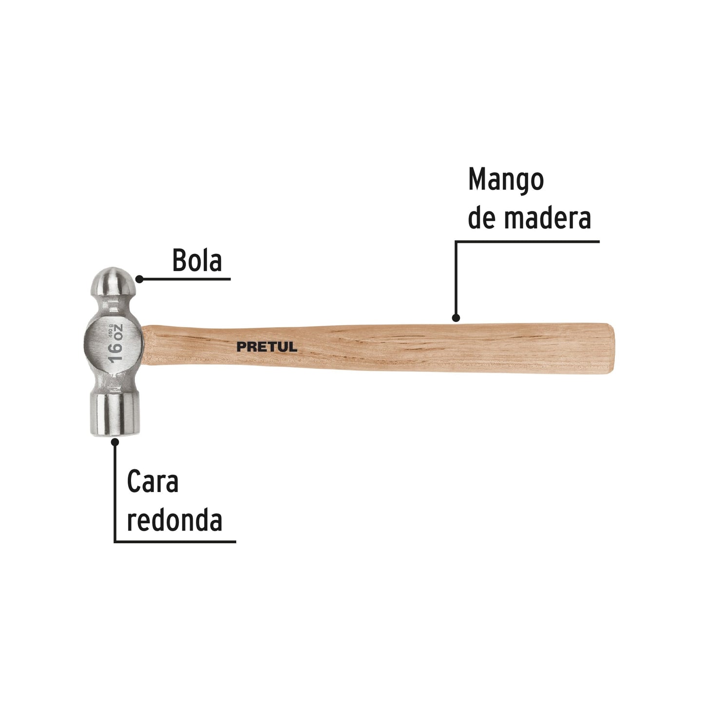 Martillo de Bola 16 oz Pretul MB-16P - Acero al Carbono con Mango de Madera - Herramienta Profesional para Trabajos de Precisión y Acabados
