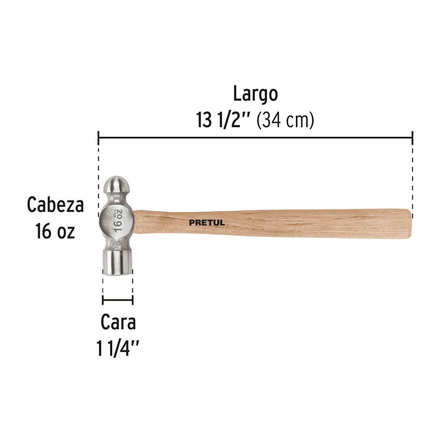 Martillo de Bola 16 oz Pretul MB-16P - Acero al Carbono con Mango de Madera - Herramienta Profesional para Trabajos de Precisión y Acabados