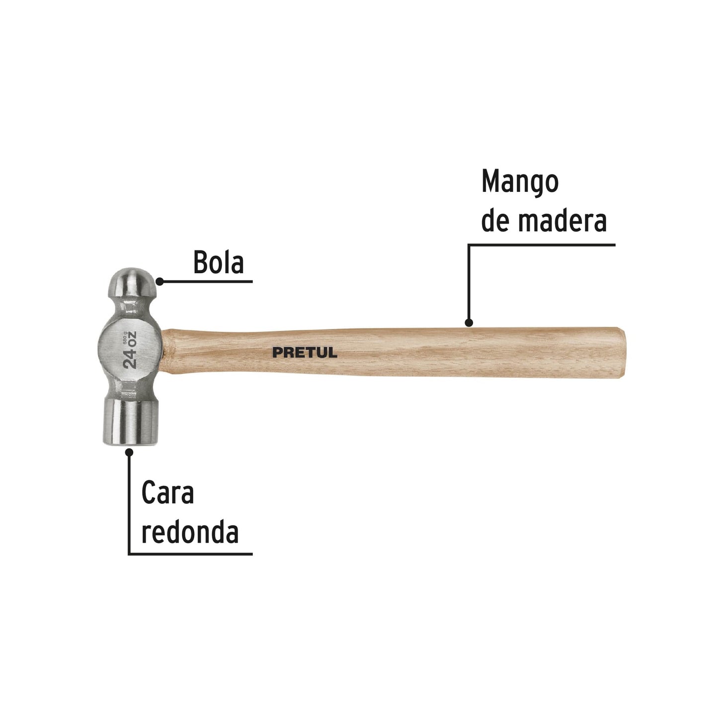 Martillo de Bola 24 oz Pretul MB-24P - Acero al Carbono con Mango de Madera - Herramienta Profesional para Trabajos de Precisión y Conformado de Metal