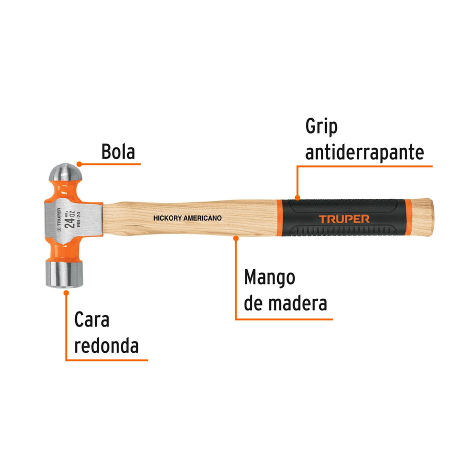 Martillo de Bola 24 oz Truper Grip - Mango Hickory Antiderrapante 15"