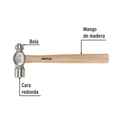 Martillo de Bola 32 oz Pretul MB-32P - Cabeza Acero Carbono Mango Madera - Herramienta Profesional Construcción Carpintería
